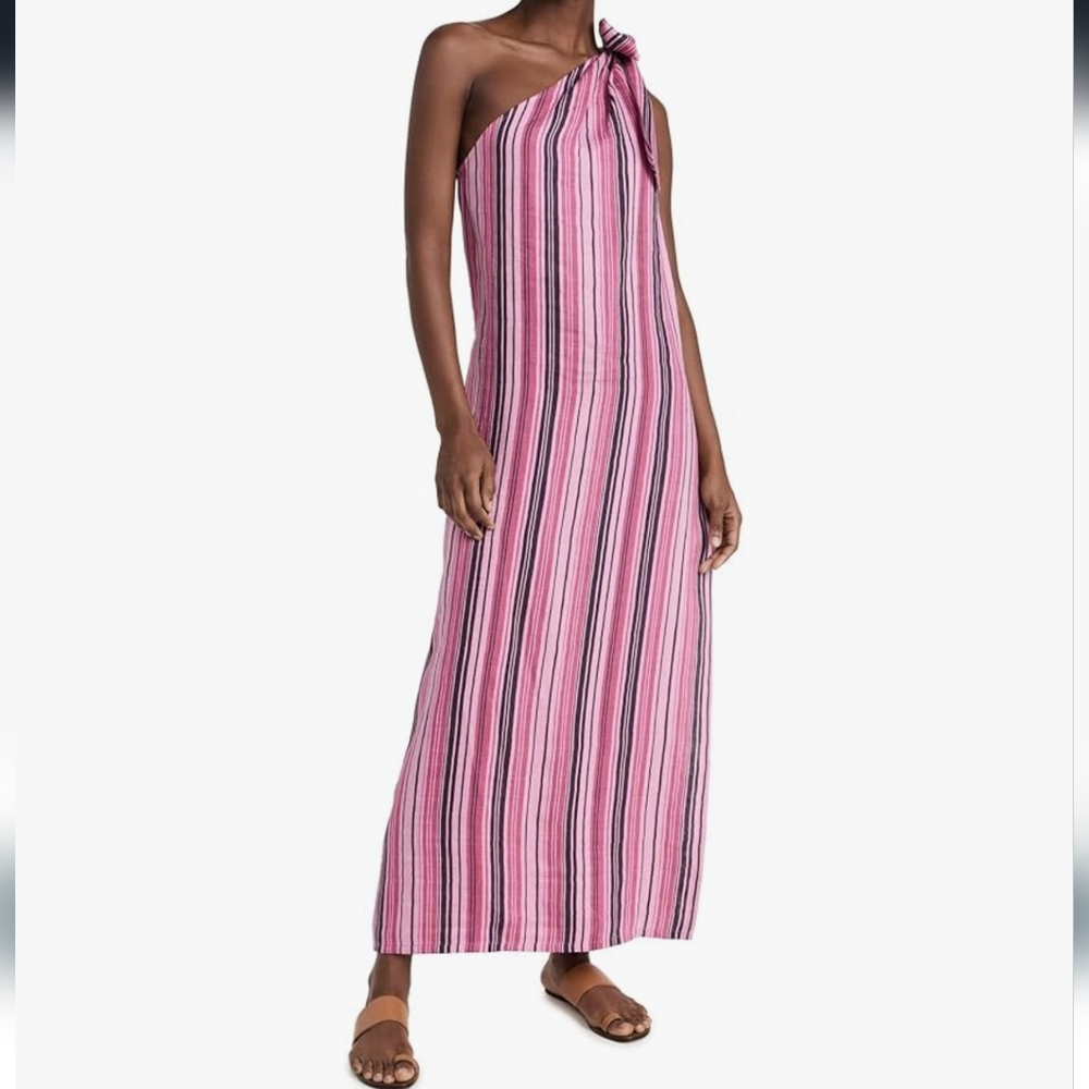 Pink Sarong Striped Dress One-Shoulder Maxi Resortwear Lisa Marie Fernandez